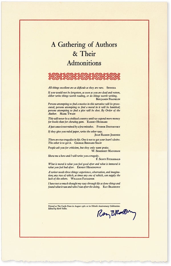 Item #53845] Broadside: A Gathering of Authors & Their Admonitions [Signed]. Ray BRADBURY