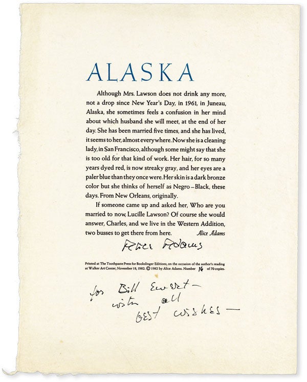 Item #53851] Broadside: Alaska [Inscribed to William B. Ewert]. Alice ADAMS