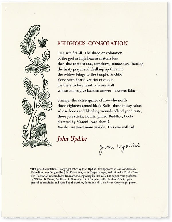 Item #53911] Broadside: Religious Consolation [Signed]. John UPDIKE
