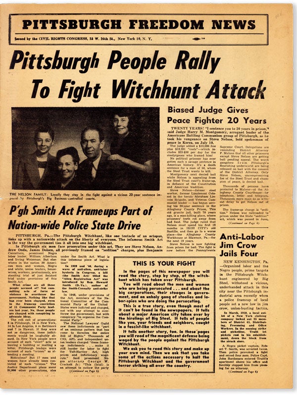 Item #54643] Pittsburgh Freedom News. Pittsburgh People Rally to Fight Witchhunt Attack. HUAC...