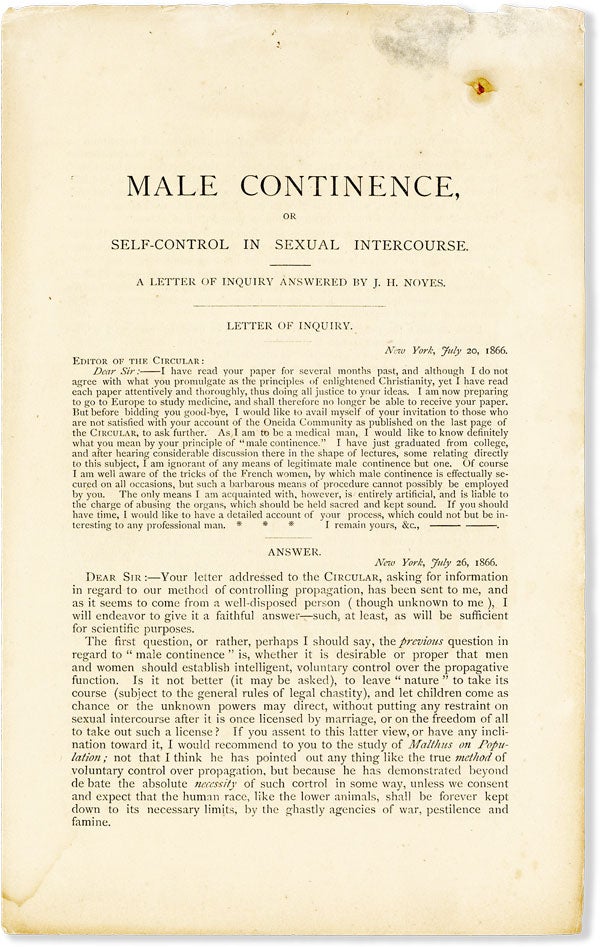 Item #55677] Male Continence, or Self-Control in Sexual Intercourse. ONEIDA COMMUNITY, NOYES,...