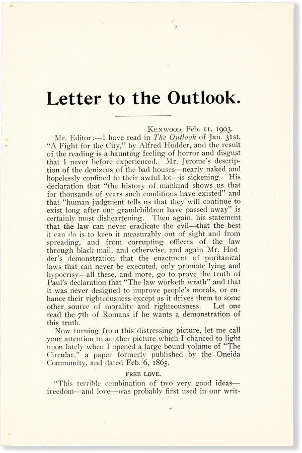 Item #55679] Letter to the Outlook. ONEIDA COMMUNITY, J. SEYMOUR, enry