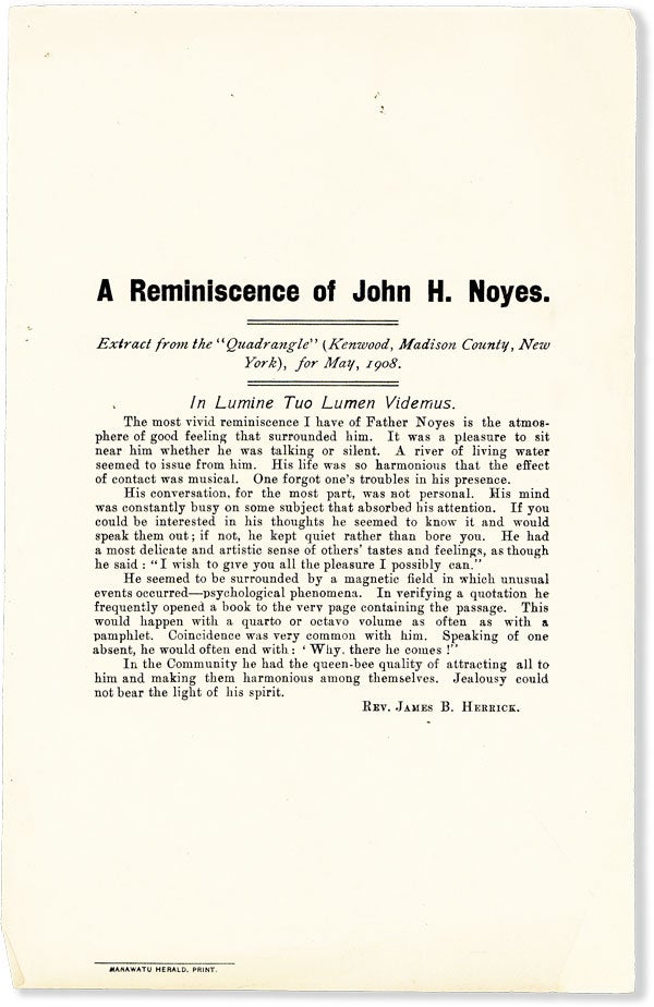Item #55680] A Reminiscence of John H. Noyes. Extract from the "Quadrangle" (Kenwood, Madison...