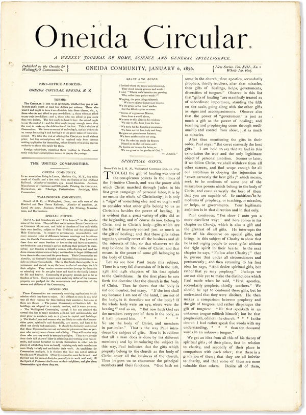 Item #55821] The Oneida Circular [vol. XIII, no. 1 - January 6, 1876]. ONEIDA COMMUNITY