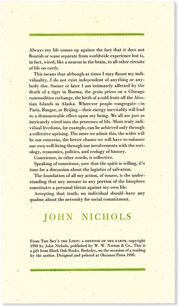 [Item #55822] Broadside: Excerpt from The Sky's The Limit: A Defense of the Earth. John NICHOLS.