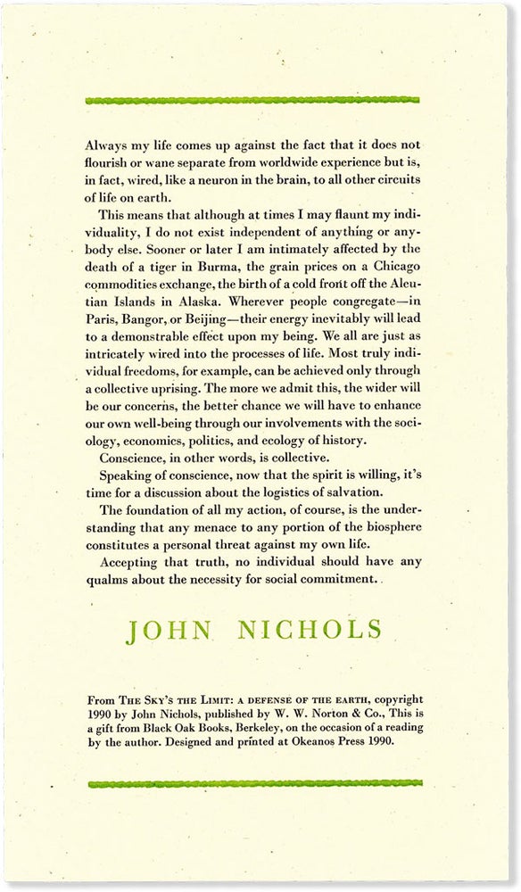 Item #55822] Broadside: Excerpt from The Sky's The Limit: A Defense of the Earth. John NICHOLS