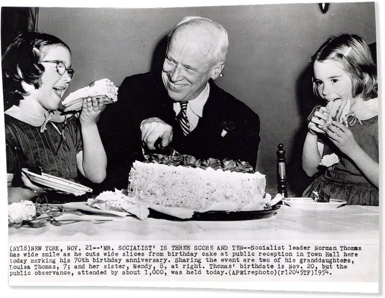 Item #56051] Captioned Press Wire Photo of Norman Thomas Celebrating His 70th Birthday, 1954....
