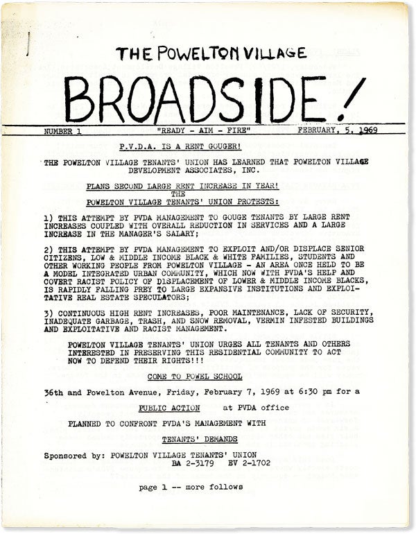 Item #56111] The Powelton Village Broadside! Number 1 - February 5, 1969. COMMUNITY ACTIVISM -...