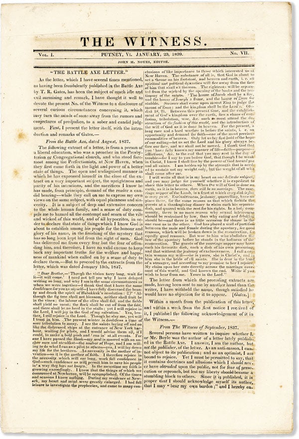 Item #57262] The Witness Vol. I, No. VII [January 23, 1839]. PUTNEY COMMUNITY, John H. NOYES, ed
