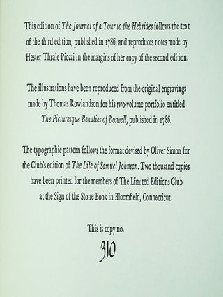The Journal of a Tour to the Hebrides with Samuel Johnson, Ll.D. With marginal comments and markings from a copy annotated by Hester Lynch Thrale Piozzi. Illustrated with reproductions of contemporary prints by Thomas Rowlandson
