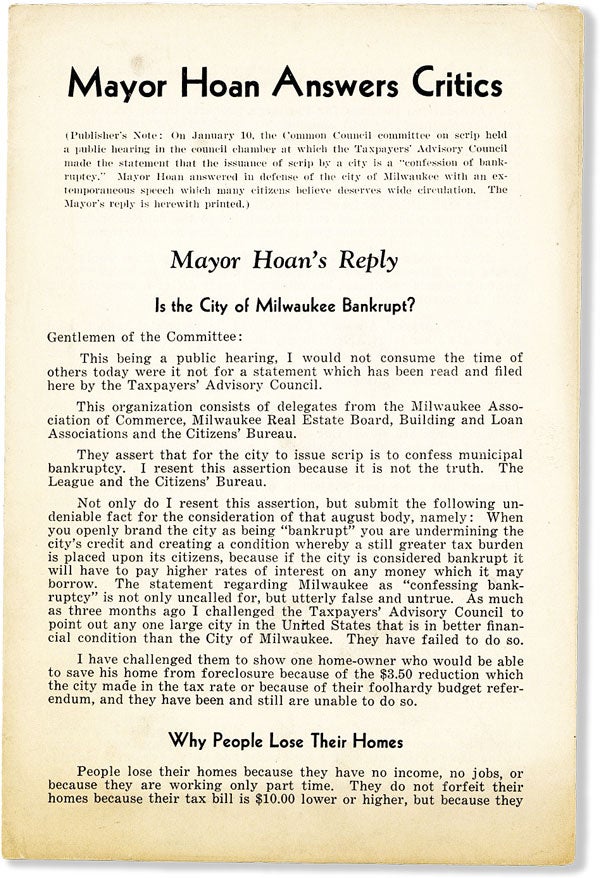 Item #58533] Mayor Hoan Answers Critics. SOCIALISM - WISCONSIN, HOAN, Daniel Webster