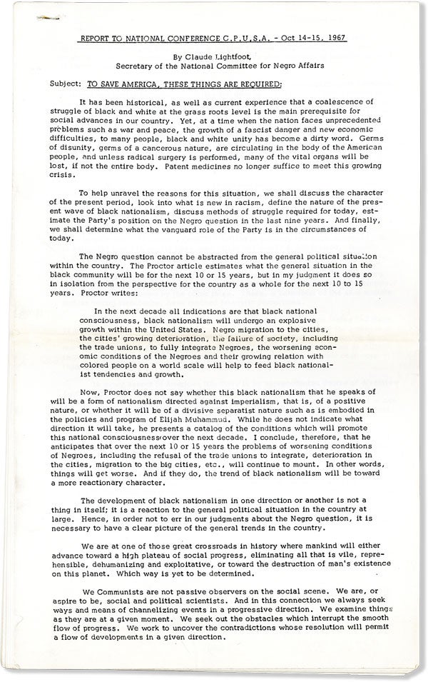 Item #58552] Report to National Conference C.P.U.S.A. - Oct 14-15, 1967: To Save America, These...