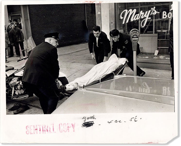 [Item #58574] Original File Photo of 1966 Attack on a Milwaukee Communist Bookseller. COMMUNIST PARTY - WISCONSIN, Anonymous Photographer, BOOK TRADE.