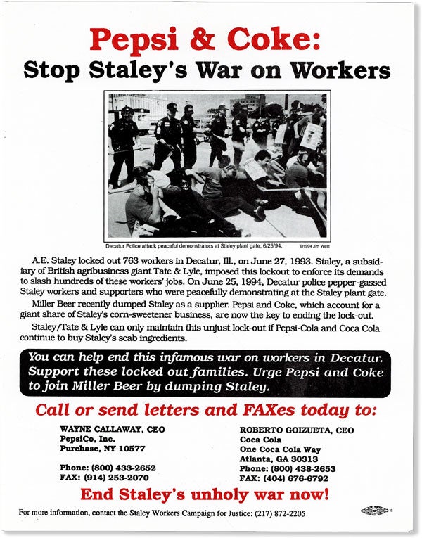 Item #58687] Pepsi & Coke: Stop Staley's War on Workers. STALEY WORKERS CAMPAIGN FOR JUSTICE