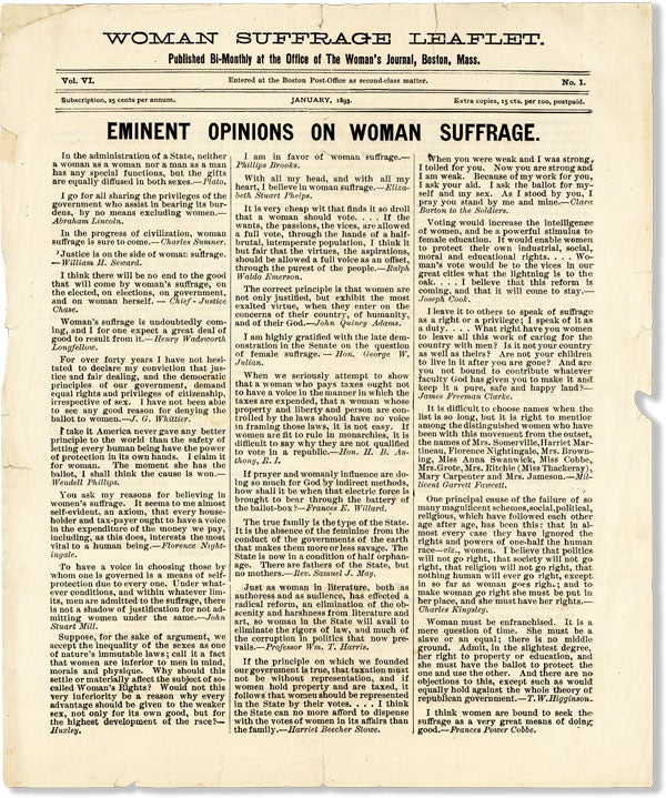 Item #59634] Woman Suffrage Leaflet, Vol VI, no 1 (January, 1893). "Eminent Opinions on Woman...