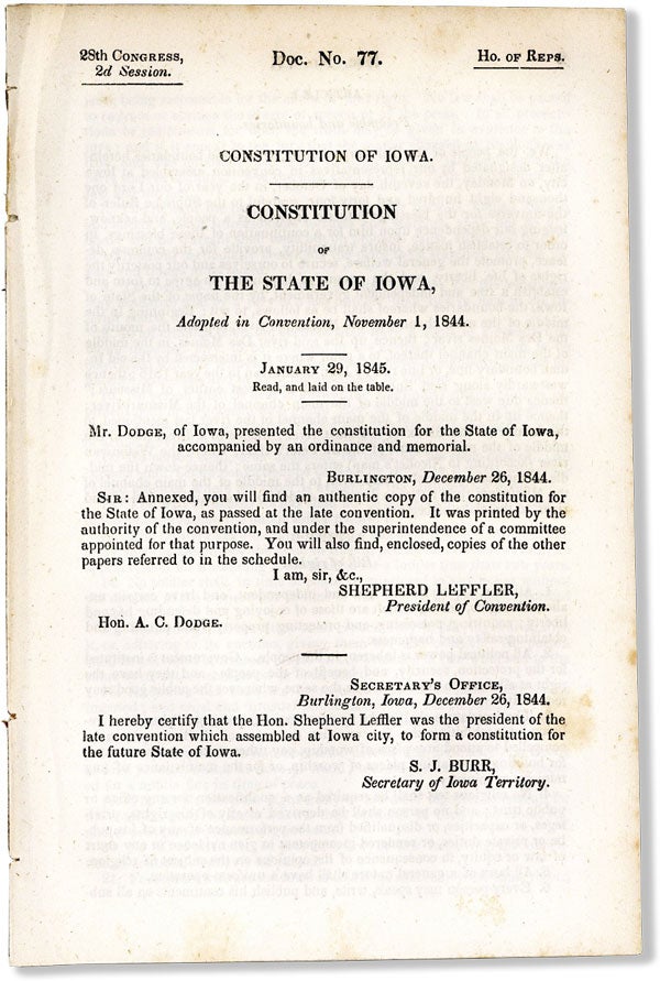 Item #60521] Constitution of Iowa. Constitution of the State of Iowa, Adopted in Convention,...