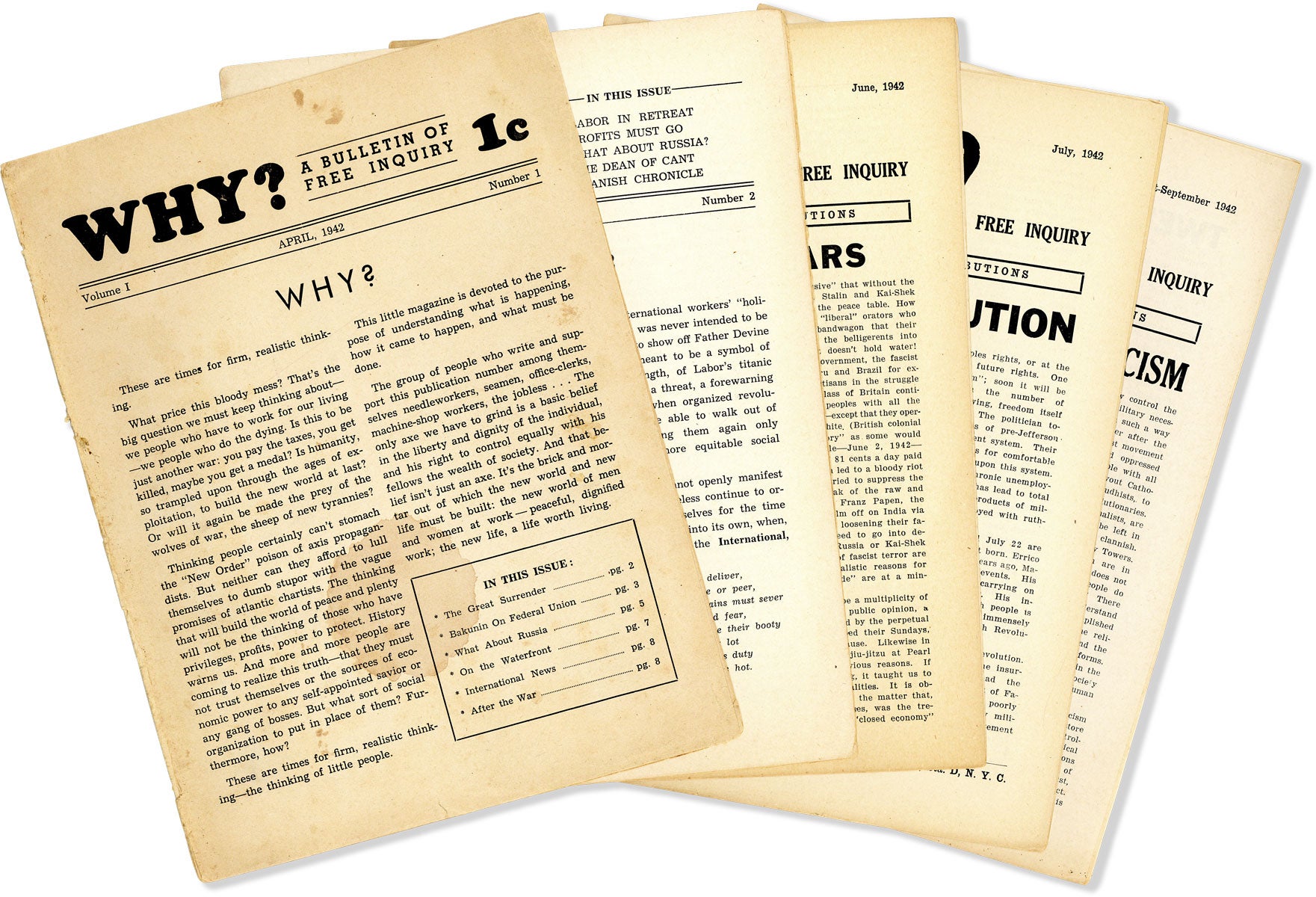 [Item #60914] Why? A Bulletin of Free Inquiry. Thirty-Five Issues, 1942-1947. ANARCHIST PERIODICALS, William YOUNG, Jackson MacLow, Sam Dolgoff, Paul Goodman Franz Fleigler, contribs.