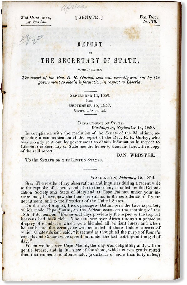Item #61192] Report of the Secretary of State, Communicating the Report of the Rev. R. R. Gurley,...