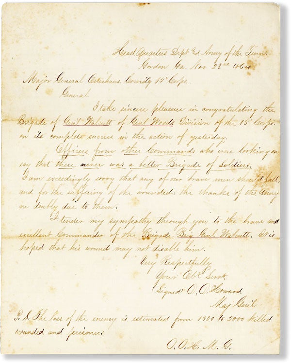 Item #61365] War Date ALS to Major General [Peter] Osterhuis, Nov. 23rd, 1864, Commending the...