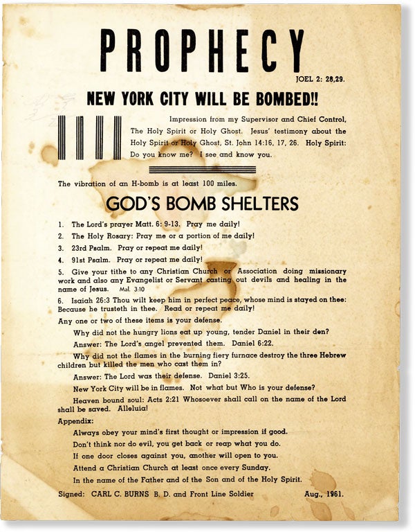 Item #61500] Prophecy: New York City Will Be Bombed!! ... The vibration of an H-bomb is at least...