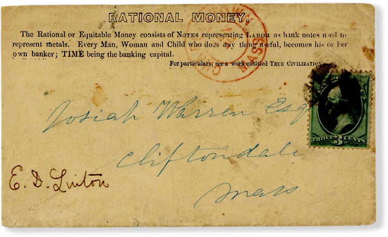 Item #61986] Printed "Rational Money" Postal Envelope, ca. 1870, Addressed to Josiah Warren from...