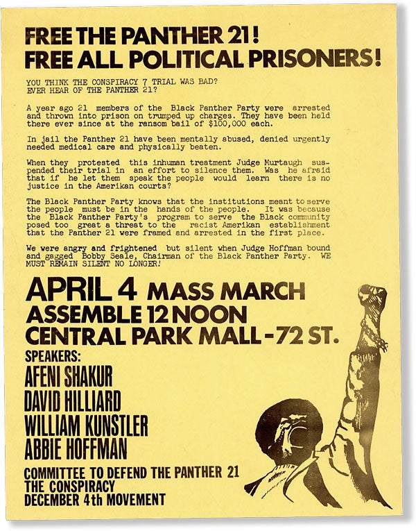 Item #62955] Broadside: Free the Panther 21! Free All Political Prisoners! April 4 Mass March,...