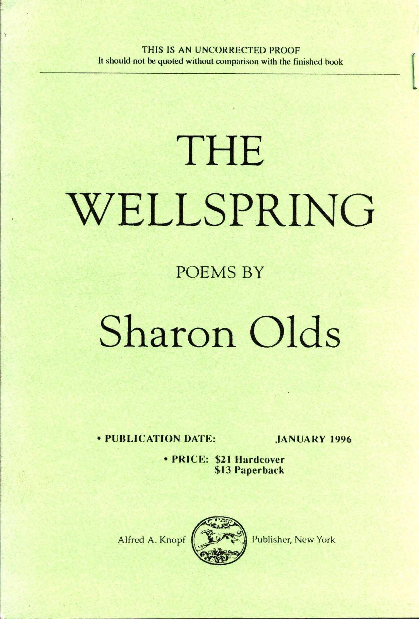 THE WELLSPRING Sharon Olds First Edition the-wellspring-sharon-olds-first-edition