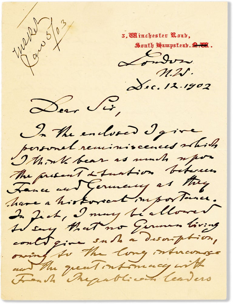 Item #82894] ALS, 2pp; Dec. 12, 1902, on personal letterhead, to an unknown recipient....