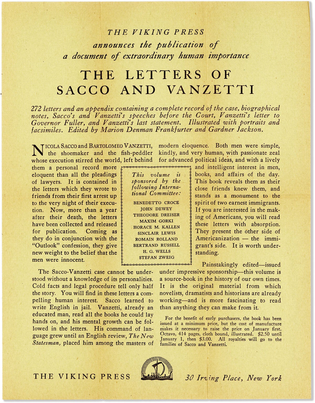 Publisher's Prospectus for The Letters of Sacco and Vanzetti
