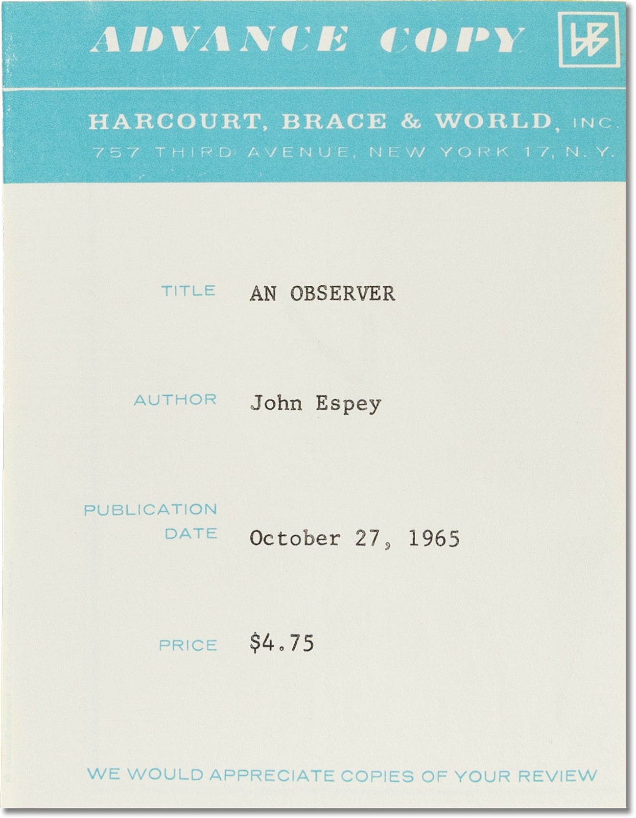An Observer Review Copy | John ESPEY | First Edition