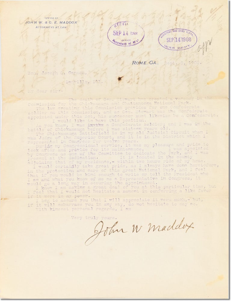 Typed letter signed, John W. Maddox to Sec'y of War J.G. Cannon, 1908. CIVIL WAR - GEORGIA, John W. MADDOX, Joseph G. Cannon.