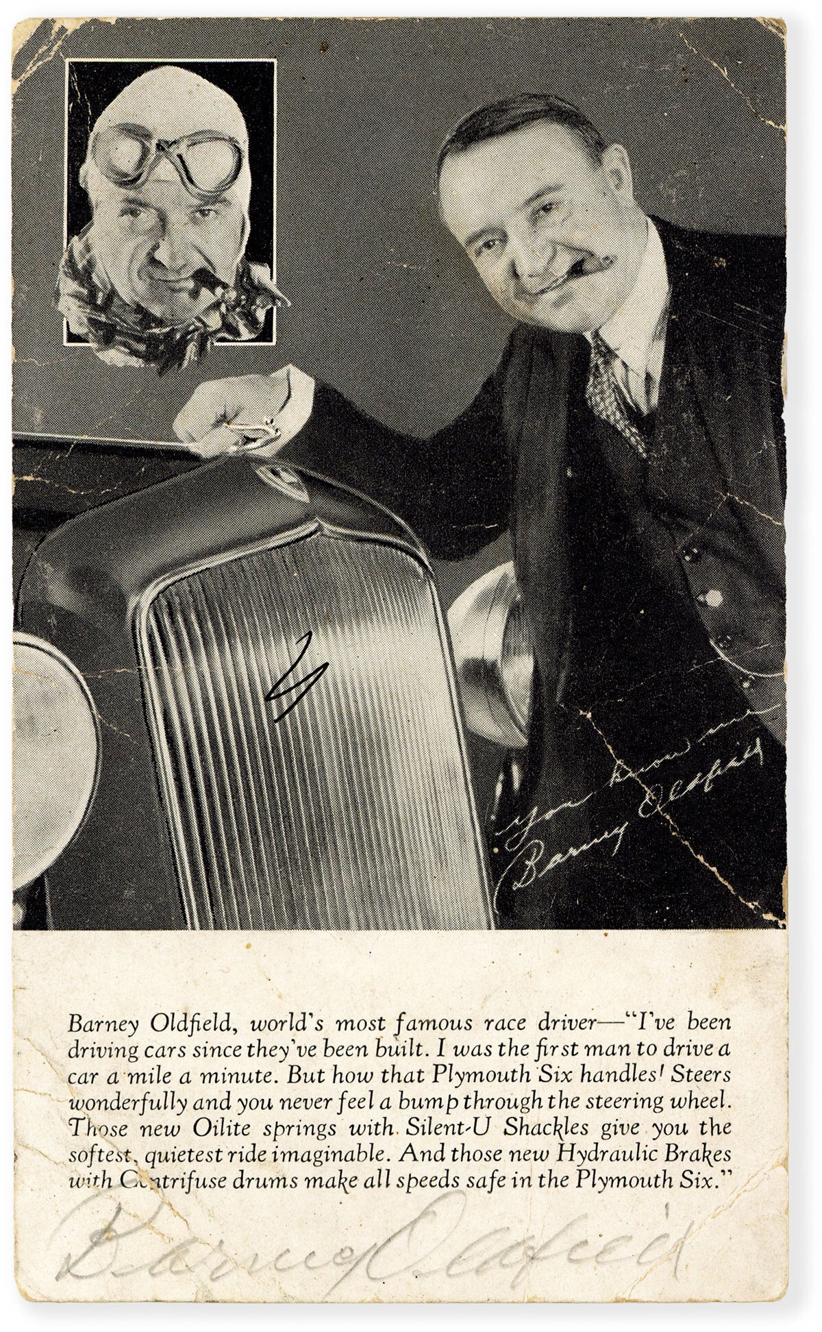 [Item #88471] Autographed Advertising Trade Card for the 1934 Plymouth Six. AUTOMOBILIANA, Barney OLDFIELD.