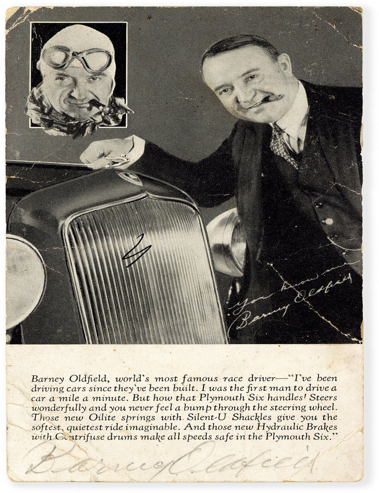 Item #88471] Autographed Advertising Trade Card for the 1934 Plymouth Six. AUTOMOBILIANA, Barney...