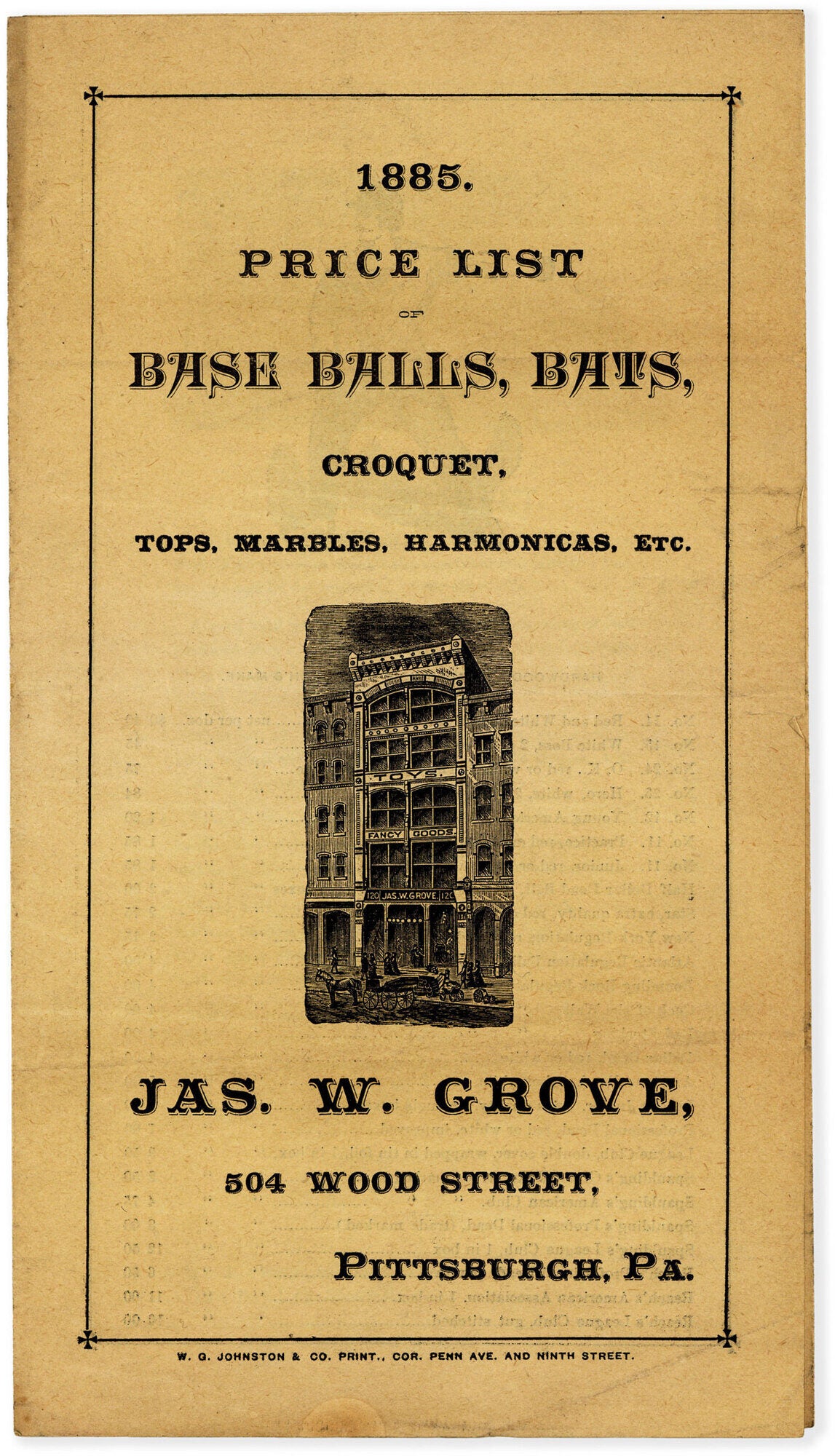 1885. Price List of Base Balls, Bats, Croquet. Tops, Marbles ...
