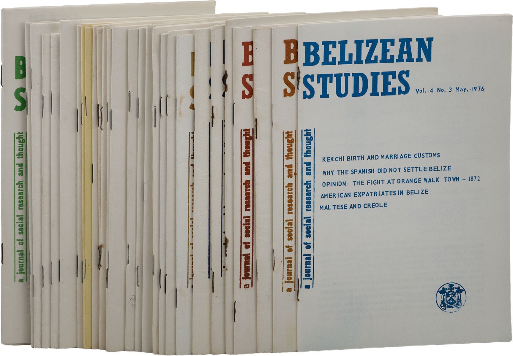 [Item #89069] A Journal of Research and Thought; Belizean Studies: vol. 4, nos. 3-6; vol. 5, nos. 1-6; vol. 6, nos. 1-6; vol. 7, nos. 1-6; vol. 8, nos. 1-6; vol. 9, nos. 1-2, 5&6 [32 Issues, Incomplete Run]. Richard BUHLER, John Maher, Richard Hadel, Ronald Mertz Carlos Cabarrus, Marlis Hellinger, contrib.