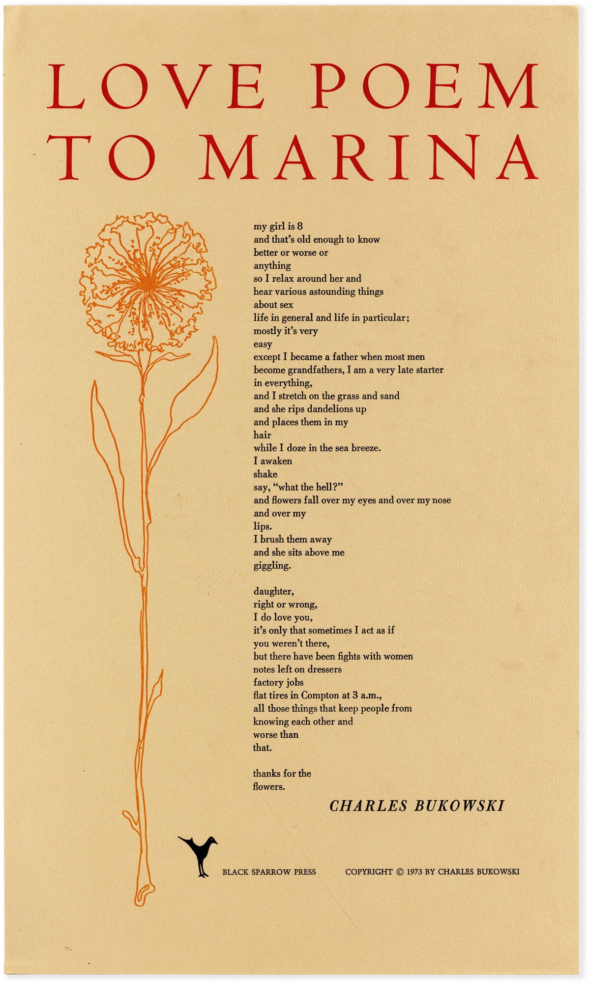 Broadside: Love Poem to Marina | Charles BUKOWSKI | First Edition