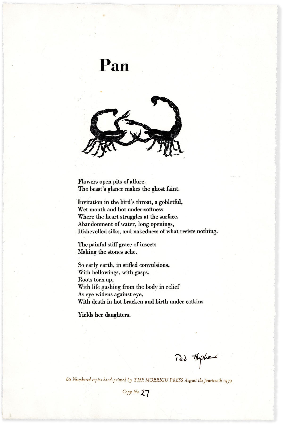 [Item #89412] Broadside: Pan [Signed]. Ted HUGHES.