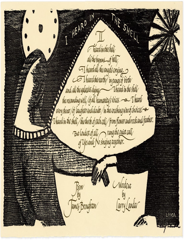 Item #89421] Broadside: I Heard in the Shell [Signed]. James BROUGHTON, Larry LANDA, poem,...