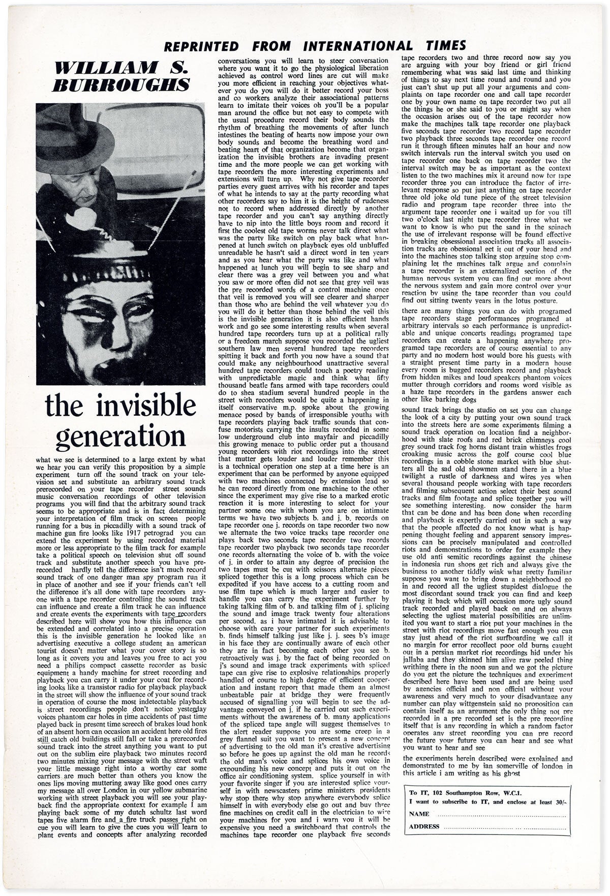 [Item #89541] Broadside: The Invisible Generation. William S. BURROUGHS.