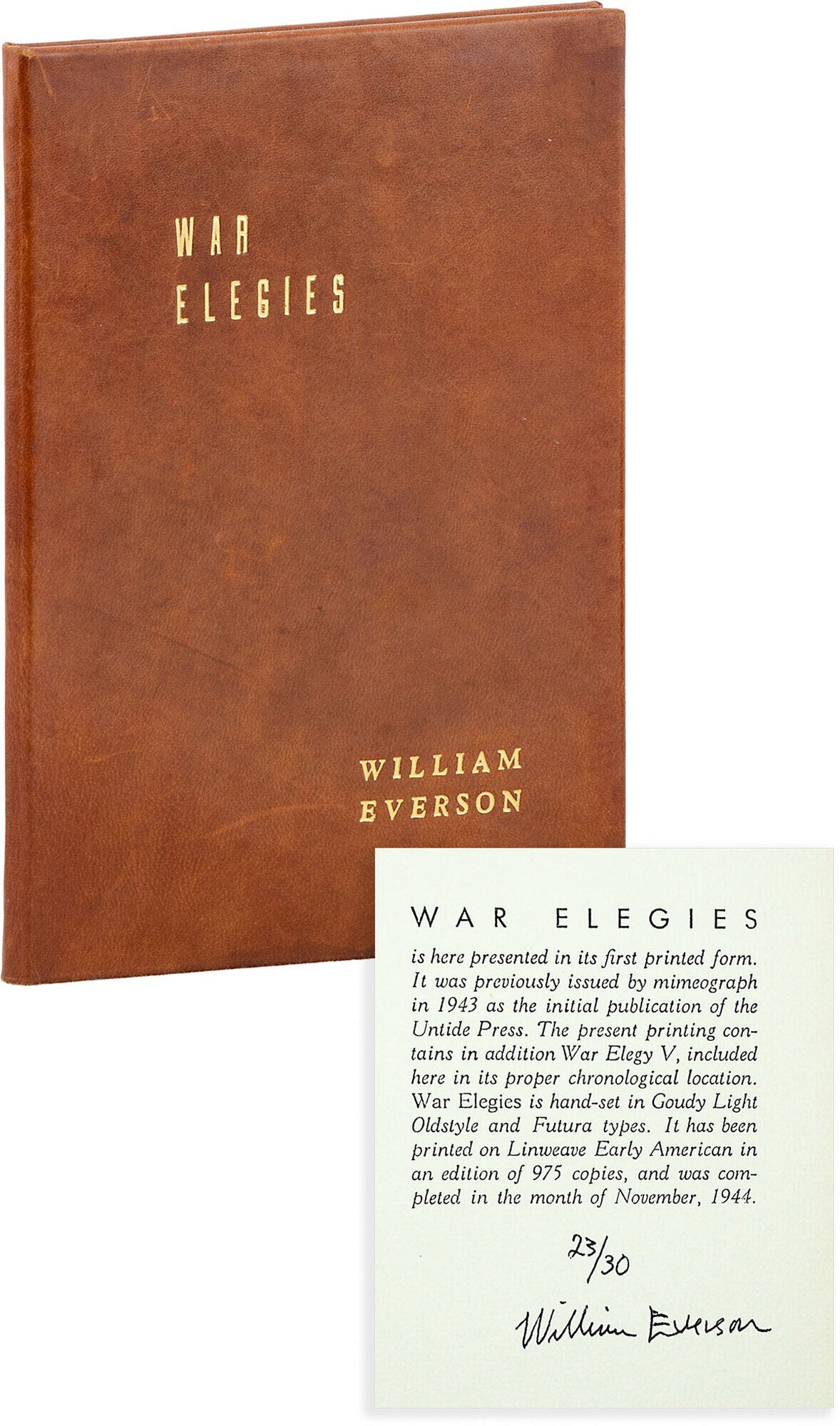 [Item #89630] War Elegies. William EVERSON, Kemper Nomland Jr, aka Brother Antoninus.