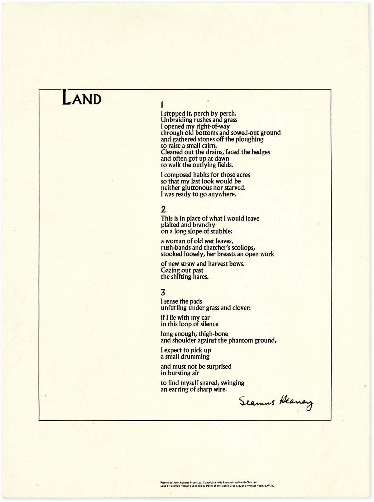 [Item #89648] Broadside: Land [Signed]. Seamus HEANEY.