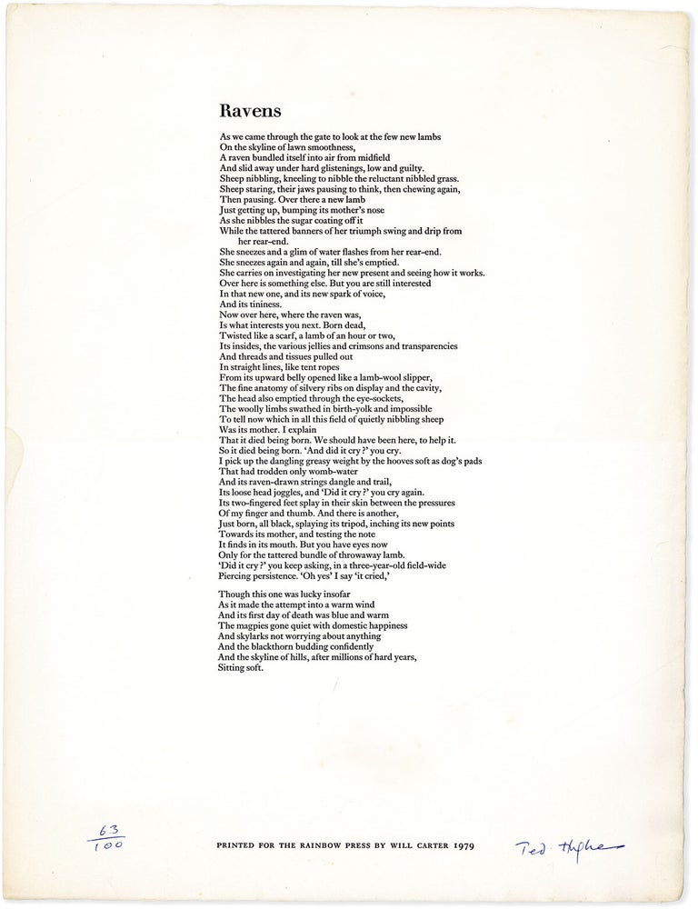 Broadside: Ravens [Limited Edition, Signed. Ted HUGHES.
