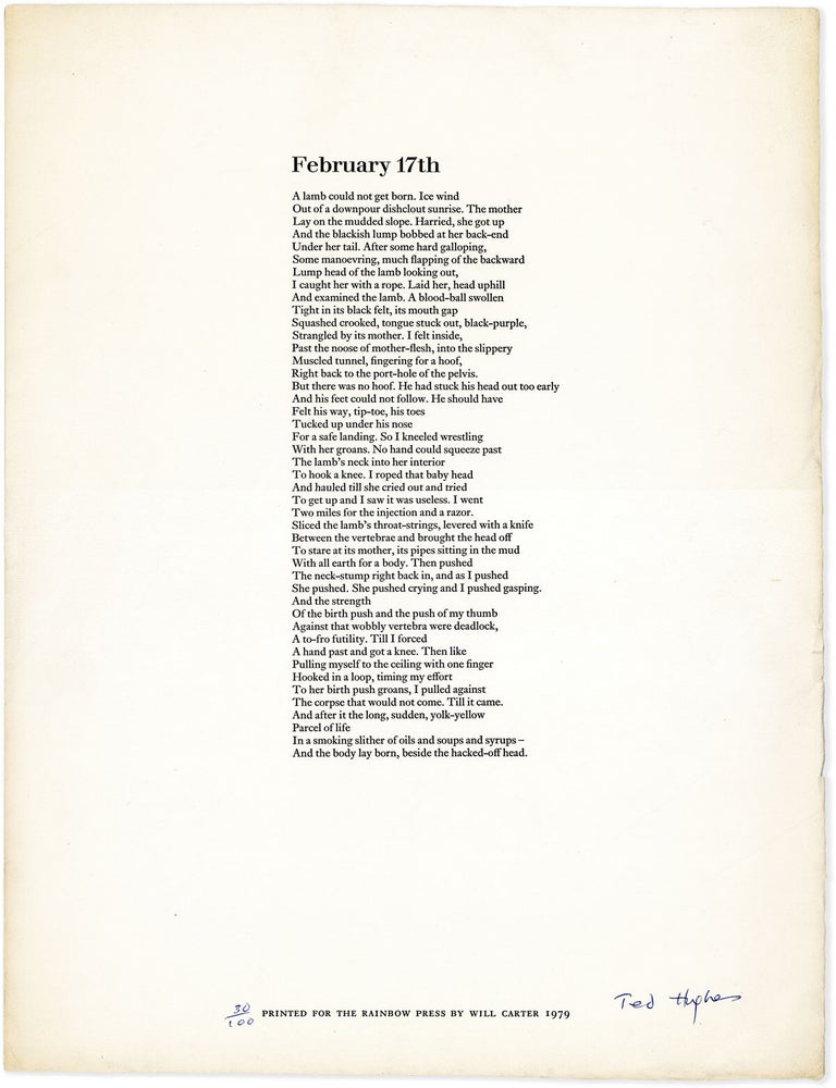 Broadside: February 17th [Limited Edition, Signed. Ted HUGHES.