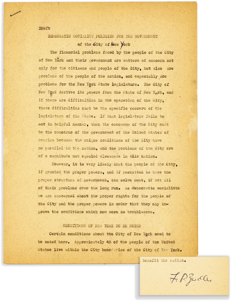 Signed Original Typescript: "Draft. Democratic Socialist Policies for the Government of the. DEMOCRATIC SOCIALISM, Frank P. ZEIDLER.