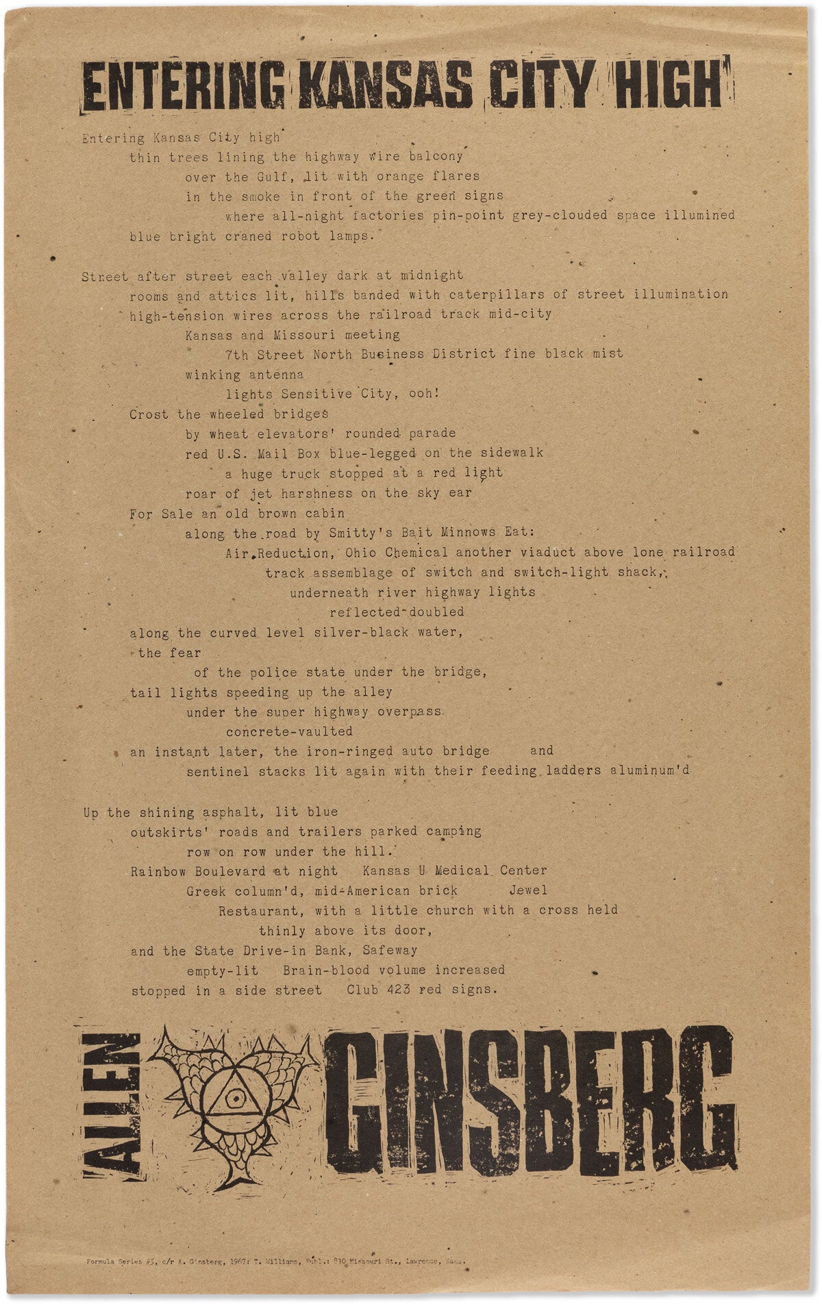 [Item #90277] Broadside: Entering Kansas City High. Allen GINSBERG.