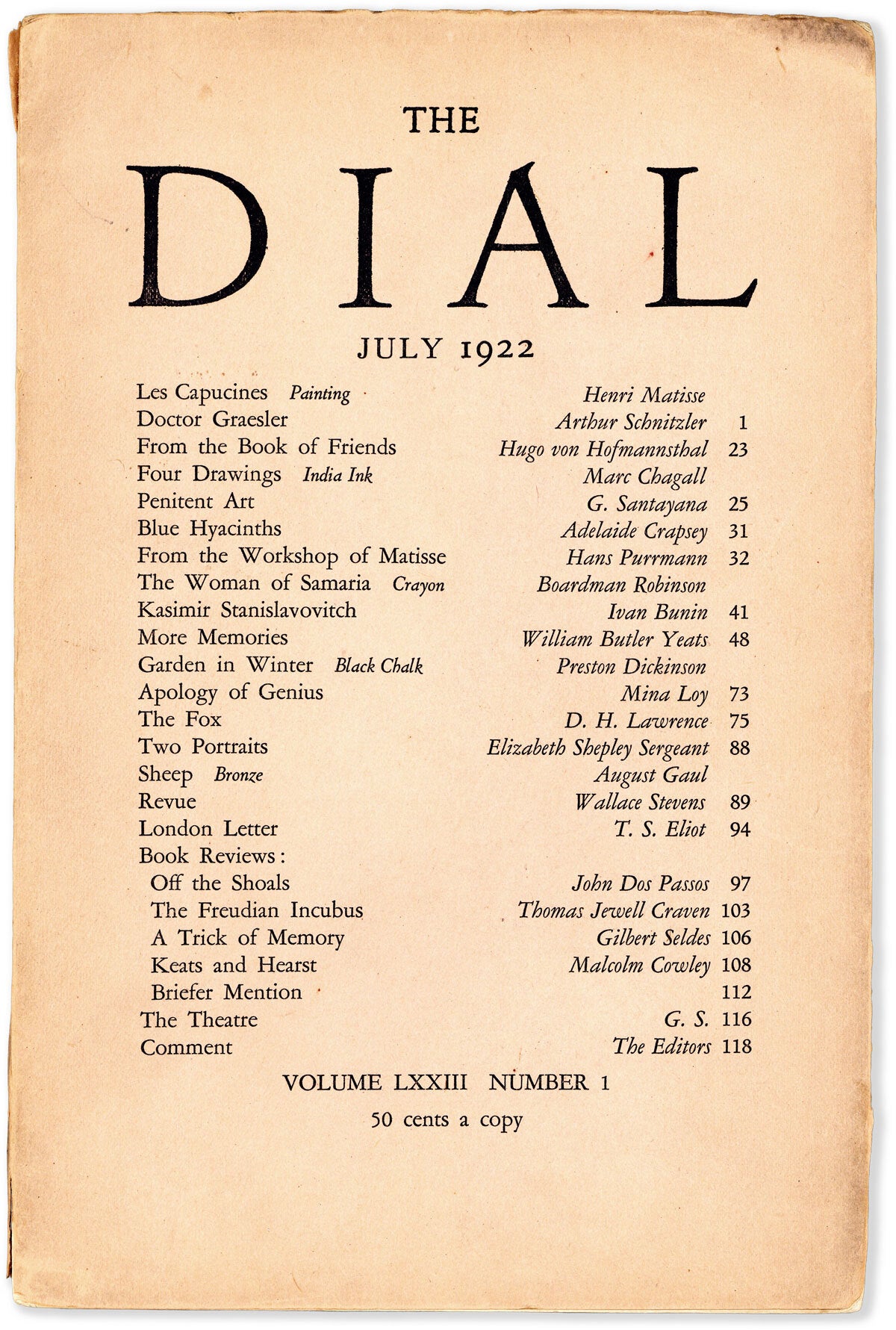 [Item #90360] "Revue" [in] The Dial, Volume LXXIII, Number 1 (July 1922). Wallace STEVENS, Scofield Thayer.