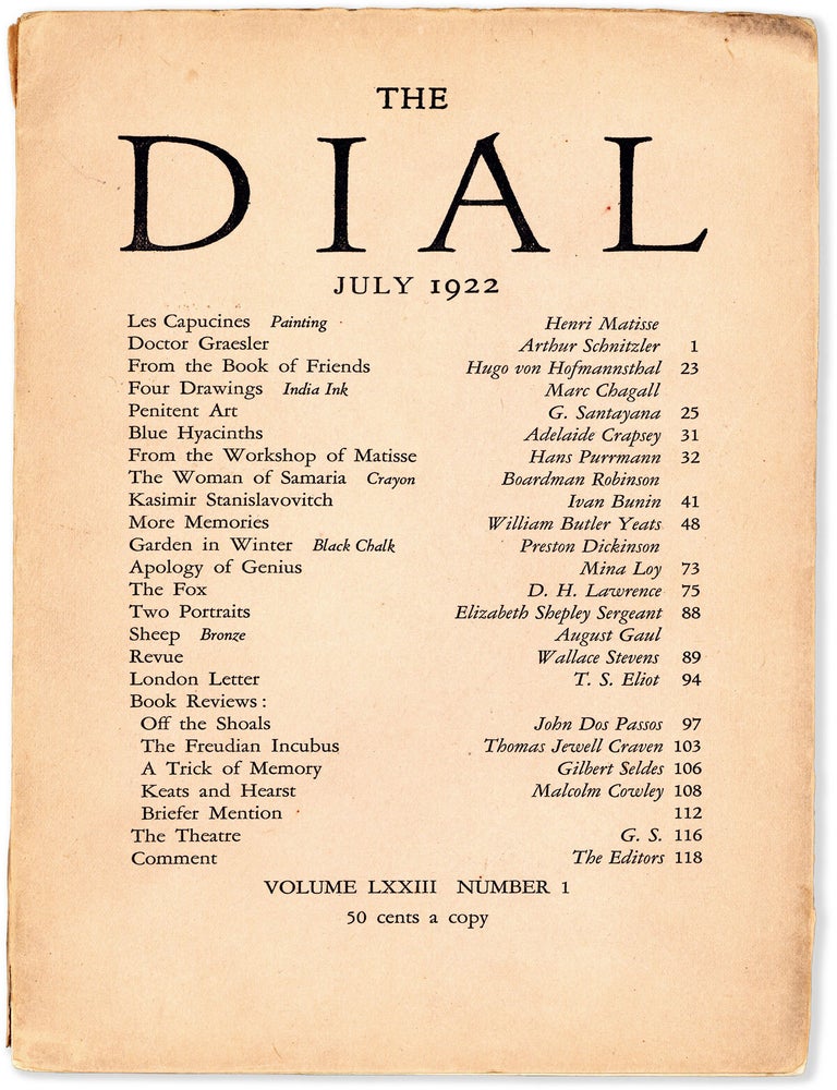 Item #90360] "Revue" [in] The Dial, Volume LXXIII, Number 1 (July 1922). Wallace...