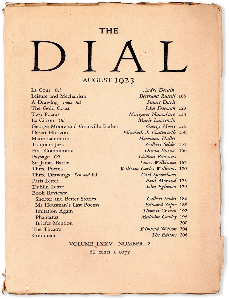 Item #90362] "Three Poems" [in] The Dial, Volume LXXV No.2 (August 1923). William...
