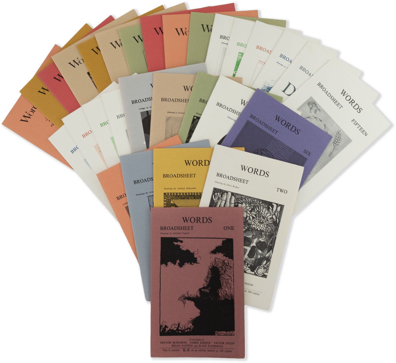 [Item #90400] Words Broadsheet. Nos. 1-30 (all published). WORDS PRESS, Julian NANGLE, eds Jean Louis Chevalier, Thom Gunn Ted Hughes, Denton Welch, contributors.